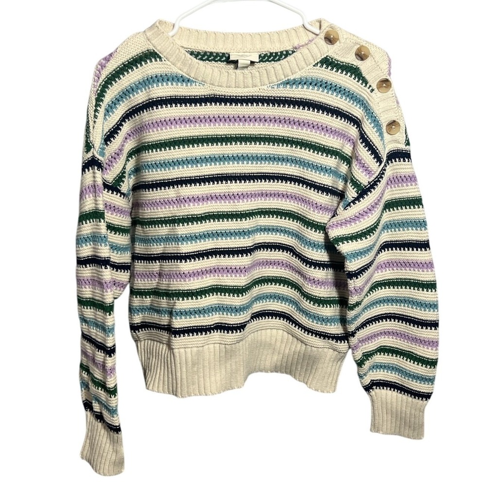St. John's Bay Women's Striped Knit Sweater L Crew Neck Button Shoulder St